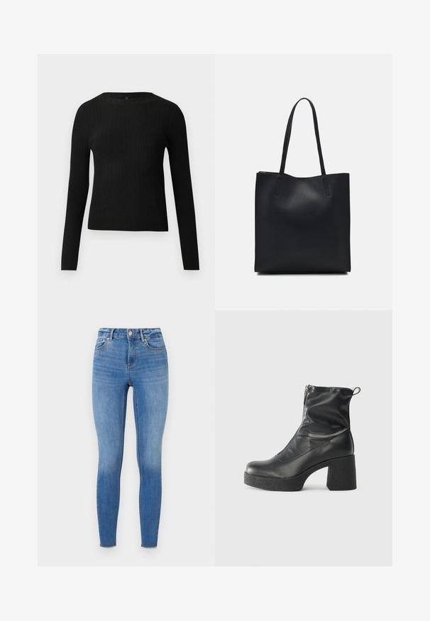 Melna, ribota, garām piedurknēm pieguļoša džemperis ar apaļu kakla izgriezumu, izlikta pret vienkāršu gaišu fonu.; Tievās džinsās izgatavotas no gaiši zilā denima, ar dekoratīvām kniedēm priekšējā kabatas apvidū un saplaisājušu malu pie potītes.; Melni potītes zābaki, kas izgatavoti no gludas ādas, ar sānu rāvējslēdzēju, masīvu strukturētu papēdi un noapaļotu purngalu.; Melnas ādas somiņa ar gludu tekstūru, taisnstūra formu un divām garām rokturiem. Nav redzamu aparatūras vai rotājumu.