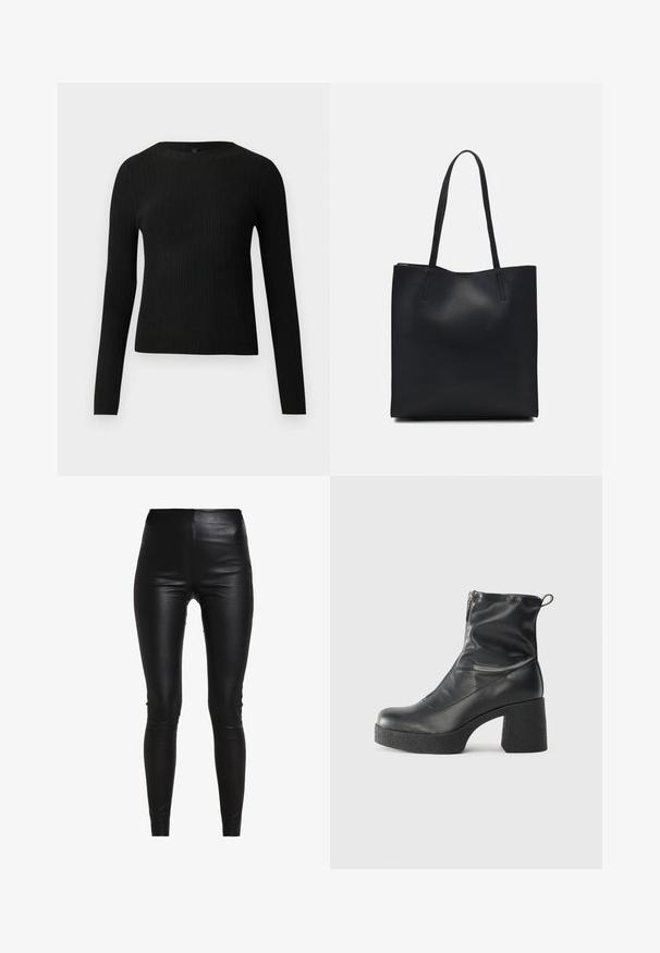 Crni rebrasti dugouhasti pripijeni pulover s okruglim izrezom, prikazan na jednostavnoj svijetloj pozadini.; Crne tajice od kunst kože s visokim strukom, uskim dizajnom, glatkom teksturom i bez vidljivih šavova ili ukrasa.; Crne gležnjače od glatke kože, s bočnim zatvaračem, debelim teksturiranim potplatom i dizajnom s zaobljenim prstima.; Crna kožna torba za nošenje s glatkom teksturom, pravokutnim oblikom i dvije duge ručke. Nema vidljivih metalnih dijelova ili ukrasa.
