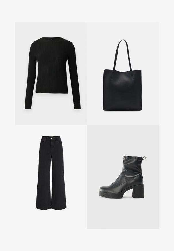 Suéter preto de mangas compridas com textura canelada, justo ao corpo, com um decote redondo, exibido contra um fundo claro e liso.; Jeans de ganga pretos de perna larga com design de cinco bolsos, cintura alta e fecho de botão. Apresenta costura subtil e um acabamento limpo.; Botas de tornozelo pretas feitas de couro liso, com fecho lateral, salto grosso texturizado e design de bico arredondado.; Bolsa tote preta em couro com textura lisa, forma retangular e duas alças longas. Sem hardware ou enfeites visíveis.
