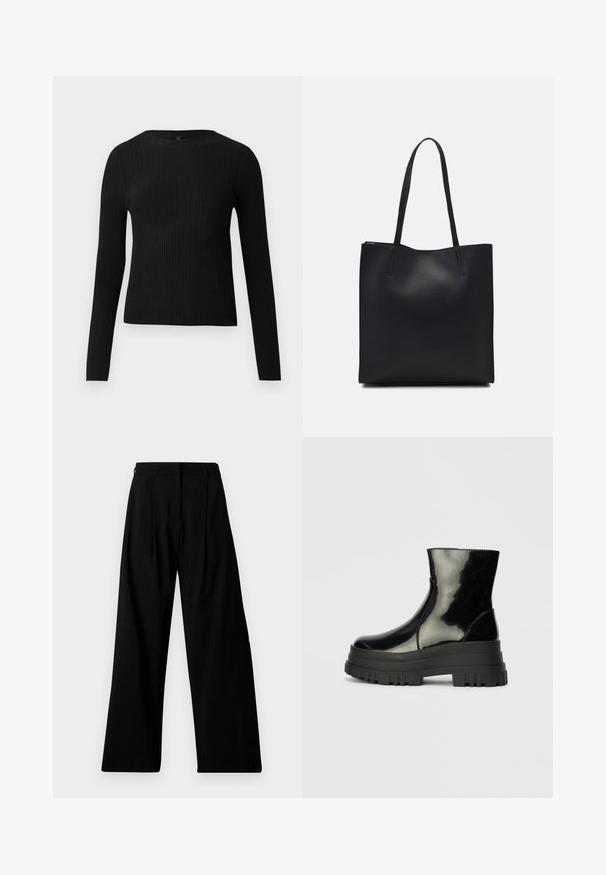 Fekete bordázott, hosszú ujjas, testhez simuló pulóver kerek nyakkivágással, világos, egyszínű háttér előtt kiemelve.; Széles szárú fekete nadrág magas derékkal, pliszével, rejtett elülső zárással és minimális márkázással a bal lábon.; Fekete fényes boka csizma vastag bordázott talppal és kerek orral, oldalnézet világos szürke háttér előtt.; Fekete bőrtáska sima felszínnel, téglalap alakú, két hosszú füllel. Nincs látható fémkiegészítő vagy díszítés.