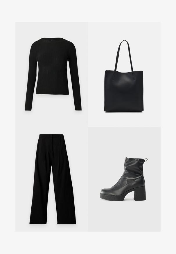 Černý žebrovaný dlouhý rukáv těsně padnoucí svetr s kulatým výstřihem, vystavený na jednoduchém světlém pozadí.; Široké černé kalhoty s vysokým pasem, zdobené skladbami, skrytým předním zapínáním a minimálním logem na levé noze.; Černé kotníkové boty vyrobené z hladké kůže, s bočním zipem, robustním strukturovaným podpatkem a kulatou špičkou.; Černá kožená taška přes rameno s hladkým povrchem, obdélníkovým tvarem a dvěma dlouhými uchy. Žádné viditelné kování ani ozdoby.
