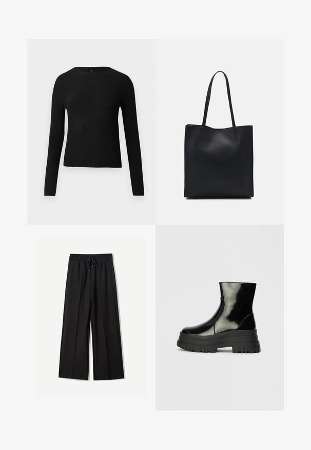 Čierny rebrovaný pulóver s dlhým rukávom, priliehajúci, s okrúhlym výstrihom, vystavený na jednoduchom svetlom pozadí.; Čierne široké nohavice vyrobené z mäkkej látky. Majú elastický pás s šnúrkou a dve bočné vrecká. Predná časť je rovná s záhybmi.; Čierne lesklé členkové čižmy s hrubou podrážkou a zaoblenou špičkou, bočný pohľad na jednoduchom svetlošedom pozadí.; Čierna kožená taška na rameno s hladkým povrchom, obdĺžnikovým tvarom a dvoma dlhými uchami. Bez viditeľného kovania alebo ozdôb.