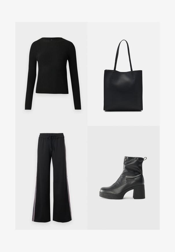 Suéter preto de mangas compridas com textura canelada, justo ao corpo, com um decote redondo, exibido contra um fundo claro e liso.; Calças largas pretas feitas de um tecido suave, com um cós elástico e cordão. Apresentam riscas laterais brancas e bordô para um contraste.; Botas de tornozelo pretas feitas de couro liso, com fecho lateral, salto grosso texturizado e design de bico arredondado.; Bolsa tote preta em couro com textura lisa, forma retangular e duas alças longas. Sem hardware ou enfeites visíveis.