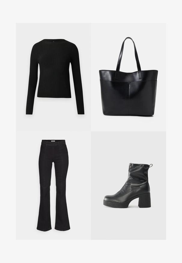 Fekete bordázott, hosszú ujjas, testhez simuló pulóver kerek nyakkivágással, világos, egyszínű háttér előtt kiemelve.; Fekete harangszárú farmernadrág, magas derékkal, diszkrét elülső varrással és klasszikus öt zsebes kivitelben.; Fekete bokacsizmák sima bőrből, oldalsó cipzárral, vastag, texturált sarkú és lekerekített orrú dizájnnal.; Fekete bőr bevásárlótáska két hosszú fogantyúval, sima felülettel és strukturált formával. Elülső zseb található rajta a plusz tárolás érdekében.