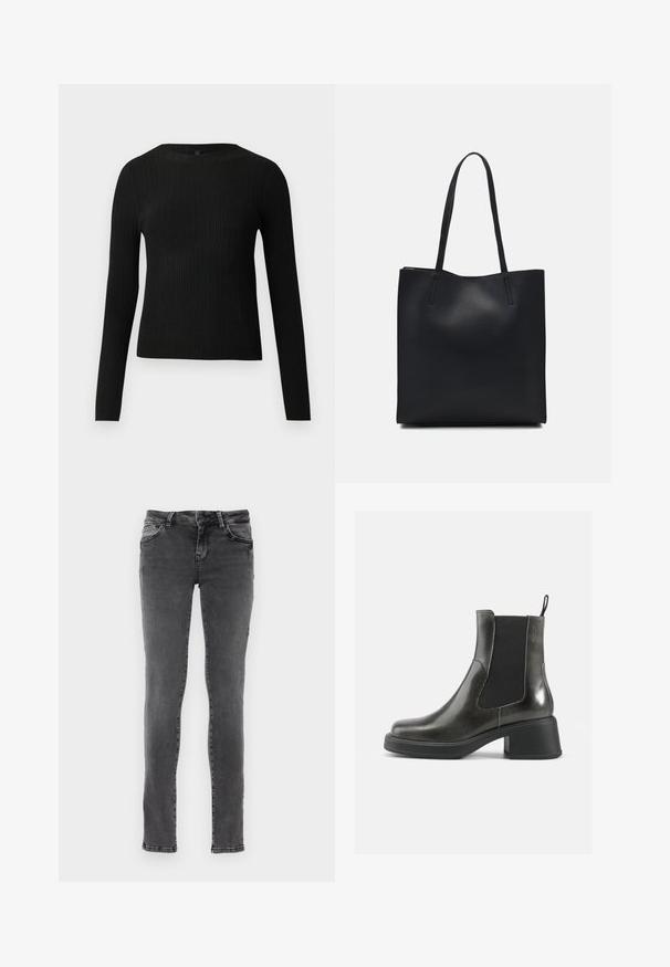 Svart ribbestrikket langermet tettsittende genser med rund hals, vist mot en ensfarget lys bakgrunn.; Slim-fit jeans i mørkegrå denim med subtil falming, fem-lomme design og kontrasterende sømmer langs sømmene. Har glidelås.; Sorte ankelstøvler i svart lær med glatt overflate, elastiske sidepaneler og en kraftig hæl. Har en løftestrop for enklere påkledning.; Svart lær tote bag med glatt tekstur, rektangulær form og to lange håndtak. Ingen synlige deler eller dekorasjoner.