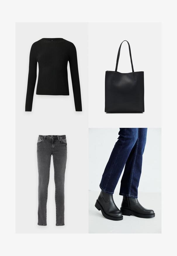 Fekete bordázott, hosszú ujjas, testhez simuló pulóver kerek nyakkivágással, világos, egyszínű háttér előtt kiemelve.; Karcsúsított szabású, sötétszürke farmernadrág enyhe kopásokkal, öt zsebes kialakításban és kontrasztos varrás mentén. Cipzáros zárással rendelkezik.; Fekete bőr bokacsizma vastag talppal és oldalán elnyújtott elasztikus betétekkel, sötétkék farmerral párosítva. A talaj világos színű.; Fekete bőrtáska sima felszínnel, téglalap alakú, két hosszú füllel. Nincs látható fémkiegészítő vagy díszítés.