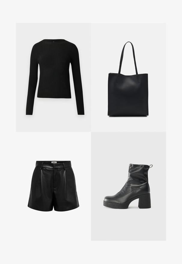 Sort ribbet langærmet tætsiddende sweater med rund halsudskæring, præsenteret på en ensfarvet lys baggrund.; Sort faux læder højtaljede shorts med bæltestropper, frontfolder og en skjult lynlåslukning, mærket "ONLY" indeni taljebåndet.; Sorte ankelstøvler lavet af glat læder, med en sidelukning, kraftig struktureret hæl og rundt tådesign.; Sort læder tote taske med glat tekstur, rektangulær form og to lange hanke. Ingen synlig hardware eller udsmykninger.