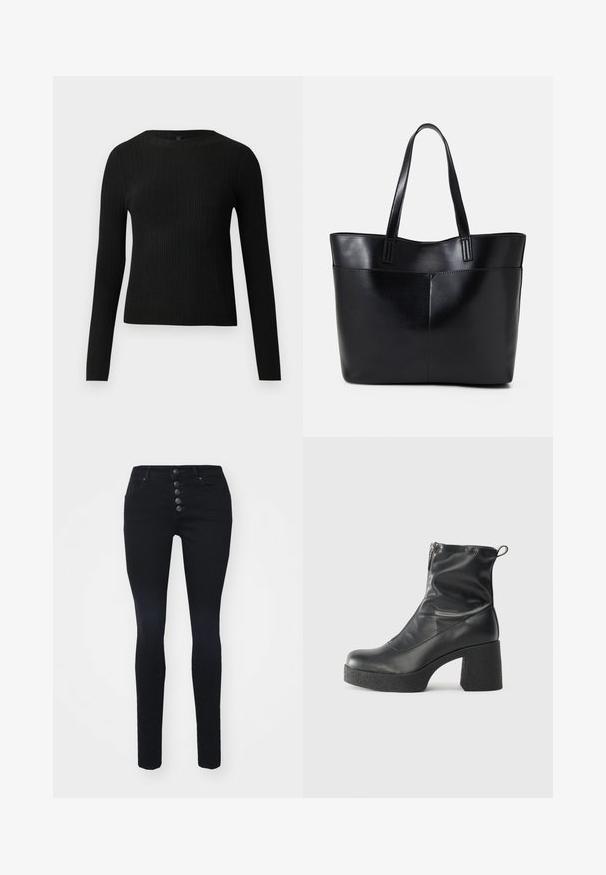 Juoda dryžuota ilga rankovė prigludusi megztinis su apvalia iškirpte, pateiktas prieš paprastą šviesią fono.; Juodos lieknos džinsinės kelnės su aukštu liemeniu, penkių mygtukų uždarymu ir dviem priekiniams kišenėms. Lygus džinsinis audinys, be matomų raštų ar akcentų.; Juodos kulkšninių botai, pagaminti iš lygaus odos, su šoniniu užtrauktuku, masyviu tekstūruotu kulnu ir apvaliu pirštu.; Juoda odinė rankinė su dviem ilgais diržais, lygiu paviršiumi ir struktūrizuota forma. Yra priekinė kišenė papildomam saugojimui.