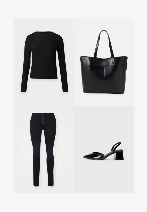 Mustmustriibuline must pikavarsiline sobiv sviiter ümmarguse kaelusega, esitatud helehallil taustal.; Mustad mustad teksad kõrge vöökohaga, viie nupuga kinnis ja kahe ees oleva taskuga. Sile denimtekstuur, ilma nähtavate mustrite või aktsentideta.; Mustad musta lakknahk kingad, millel on terav varvas ja geomeetriline plokkkonts. Omab elegantselt minimalistlikku disaini ja sujuvat tekstuuri.; Must mustaga musta nahast, millel on kaks pikka kanda, sile tekstuur ja struktureeritud kuju. Esipoolsel on lisakoti jaoks tasku.