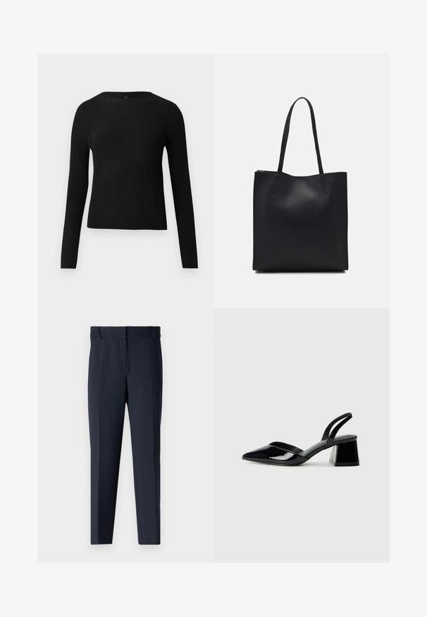 Melna, ribota, garām piedurknēm pieguļoša džemperis ar apaļu kakla izgriezumu, izlikta pret vienkāršu gaišu fonu.; Jūras zila kreklu bikses ar gludu tekstūru, pielāgotu dizainu, plakanu priekšpusi un taisnām kājām. Iespējams, ir jostas cilpas un nav redzamās kabatas.; Melna lakota āda ar atvērto papēdi, ar smailu purngalu un ģeometrisku blokpapēdi. Iezīmējas elegants, minimāls dizains un gluda tekstūra.; Melnas ādas somiņa ar gludu tekstūru, taisnstūra formu un divām garām rokturiem. Nav redzamu aparatūras vai rotājumu.