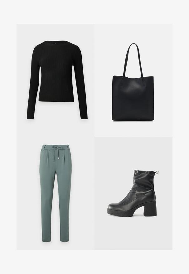 Črna rebrasta dolgosleeve prilegnjena pulover s krožnim ovratnikom, prikazan na enostavni svetli podlagi.; Sivo-zeleni hlače iz mehkega materiala, z vezalko v pasu, z gubami spredaj in ravnimi nogami z elastičnimi robovi.; Črne gležnjarje iz gladke kože z božnim zadrgo, masivnim teksturiranim peto in zaobljeno obliko prstov.; Črna usnjena torba s svilnato teksturo, pravokotne oblike in dvema dolgima ročajema. Brez vidnih metalnih delov ali okrasnih elementov.
