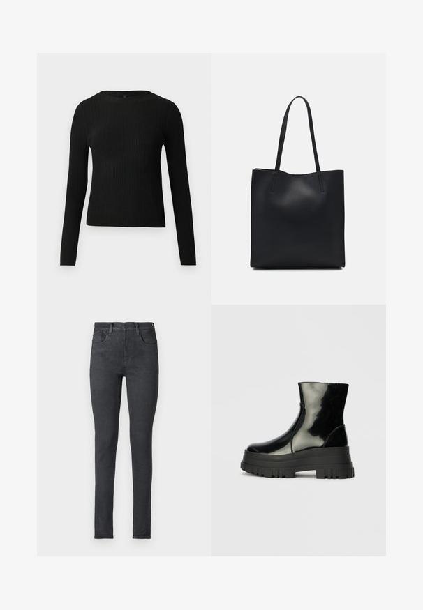 Černý žebrovaný dlouhý rukáv těsně padnoucí svetr s kulatým výstřihem, vystavený na jednoduchém světlém pozadí.; Černé skinny džíny z denimu s středním pasem, pěti kapsami a zipem. Hladká textura a přiléhavý střih.; Černá lesklá kotníková bota s robustní podrážkou a zaoblenou špičkou, boční pohled na jednolitém světle šedém pozadí.; Černá kožená taška přes rameno s hladkým povrchem, obdélníkovým tvarem a dvěma dlouhými uchy. Žádné viditelné kování ani ozdoby.