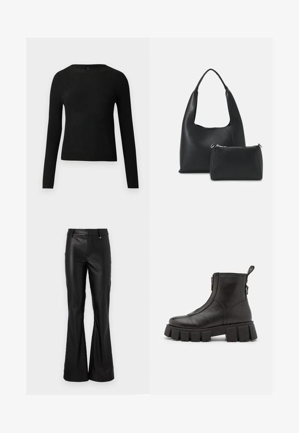 Svart ribbad långärmad åtsittande tröja med rund halsringning, visad mot en enkel ljus bakgrund.; Svarta utsvängda byxor gjorda av slät, glansig konstläder med en åtsittande midja och bälteshällor. Har minimalistisk design och rena linjer.; Svarta läderankelstövlar med en tjock, mönstrad sula, dragkedja på sidan och en dragflik bak. Slät yta och minimal design.; Even&Odd Handväska - black; Guldörhängen, fyra stycken, slät finish, rundad design, varierande storlekar, med en gångjärns-lås för enkelt användande.