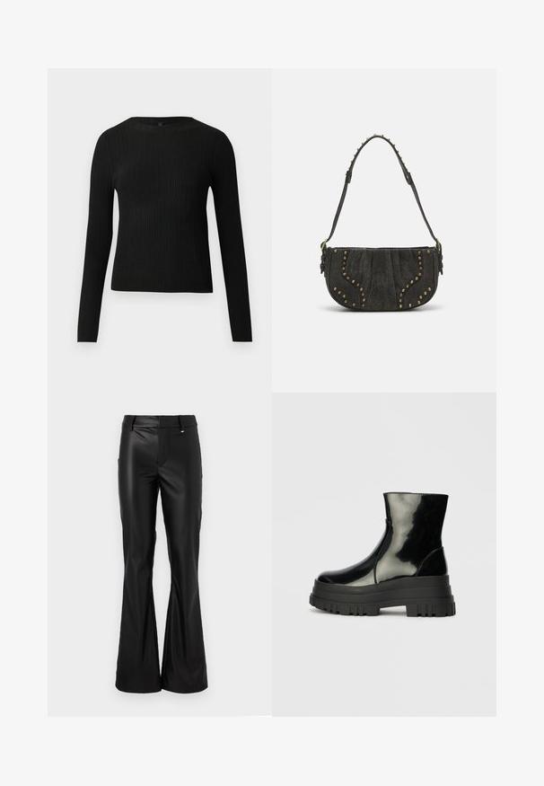 Pull ajusté noir à manches longues et côtelé avec un col rond, présenté sur un fond clair uni.; Pantalons évasés noirs en simili cuir lisse et brillant, avec une taille ajustée et des passants de ceinture. Présente un design minimaliste et des lignes épurées.; Bottines noires brillantes avec semelle lugg épaisse et bout rond, vue de côté sur un fond gris clair uni.; Sac à main en daim noir au design courbé, avec des accents en rivets et une surface texturée. Bandoulière ajustable avec des détails en clous le long du bord.