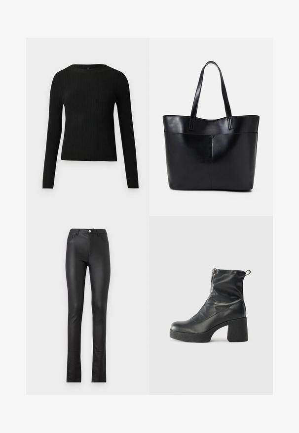 Black ribbed long-sleeve fitted sweater with a round neckline, displayed against a plain light background.; Black faux leather pants with a slim fit, featuring a front button closure, two front pockets, and a slightly flared hem at the bottom.; Black ankle boots made of smooth leather, featuring a side zipper, chunky textured heel, and rounded toe design.; Black leather tote bag with two long handles, a smooth texture, and a structured shape. Features a front pocket for additional storage.