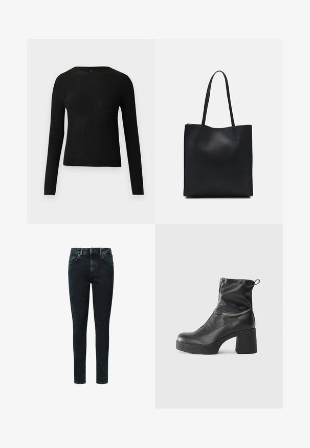 Mustmustriibuline must pikavarsiline sobiv sviiter ümmarguse kaelusega, esitatud helehallil taustal.; Mustad denimist kitsad teksad, millel on klassikaline viie taskuga disain, lukuga eesmine osa ja peened kulutatud detailid ees.; Mustad mustad ansapüksid, mis on valmistatud siledast nahast, külje zipperiga, paksu tekstuuriga kontsaga ja ümmarguse nina disainiga.; Mustast nahast kott sujuva tekstuuriga, ristkülikukujuline ja kahe pika sangaga. Pole nähtavat riistvara ega kaunistusi.