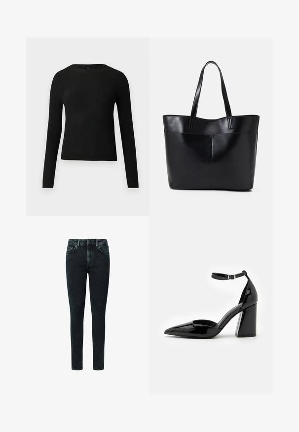 Melna, ribota, garām piedurknēm pieguļoša džemperis ar apaļu kakla izgriezumu, izlikta pret vienkāršu gaišu fonu.; Melni džinsi skinny fit stilā ir ar klasisko piecu kabatu dizainu, ar rāvējslēdzēju un ar delikātiem izbalinājumiem priekšpusē.; Melna lakota ādas augstpapēžu kurpe ar norādītu pirkstu, potītes siksniņu un platu bloku papēdi stabilitātei, ar gludu spīdīgu tekstūru.; Melnas ādas iepirkumu soma ar divām garām rokturām, gludu tekstūru un strukturētu formu. Iekļauj priekšējo kabatu papildu uzglabāšanai.