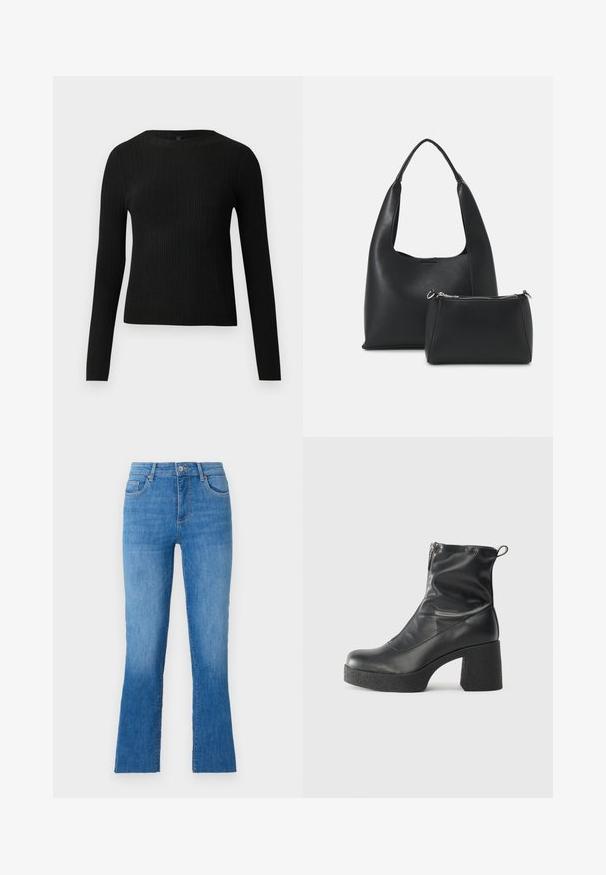 Fekete bordázott, hosszú ujjas, testhez simuló pulóver kerek nyakkivágással, világos, egyszínű háttér előtt kiemelve.; Kék farmernadrág, haranggá bővülő szárakkal, közepes derékkal, öt zsebbel és klasszikus ezüst gombos záródással. Simább textúra.; Fekete bokacsizmák sima bőrből, oldalsó cipzárral, vastag, texturált sarkú és lekerekített orrú dizájnnal.; Even&Odd Kézitáska - black