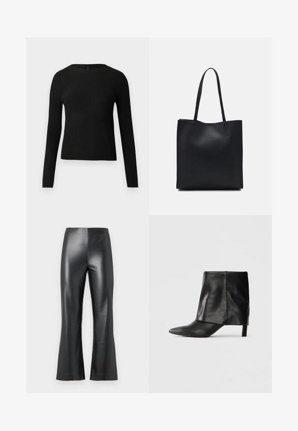 Suéter preto de mangas compridas com textura canelada, justo ao corpo, com um decote redondo, exibido contra um fundo claro e liso.; Calças pretas em suede sintético com um design de perna larga, apresentando uma textura suave e brilhante e uma cintura alta. Aparência simples e elegante.; Bota de couro preta até o meio da panturrilha com bico fino, parte superior dobrada e salto baixo e esguio, em fundo branco.; Bolsa tote preta em couro com textura lisa, forma retangular e duas alças longas. Sem hardware ou enfeites visíveis.