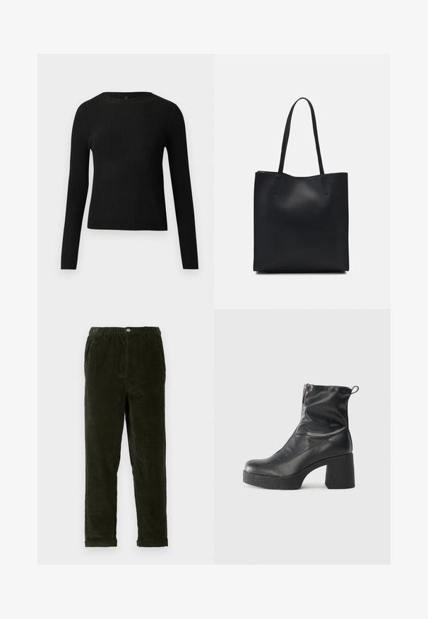 Crni rebrasti dugouhasti pripijeni pulover s okruglim izrezom, prikazan na jednostavnoj svijetloj pozadini.; Tamnozelene kordura hlače s teksturiranim završetkom, s elastičnim pojasom, prednjim džepovima i suženim nogavicama.; Crne gležnjače od glatke kože, s bočnim zatvaračem, debelim teksturiranim potplatom i dizajnom s zaobljenim prstima.; Crna kožna torba za nošenje s glatkom teksturom, pravokutnim oblikom i dvije duge ručke. Nema vidljivih metalnih dijelova ili ukrasa.