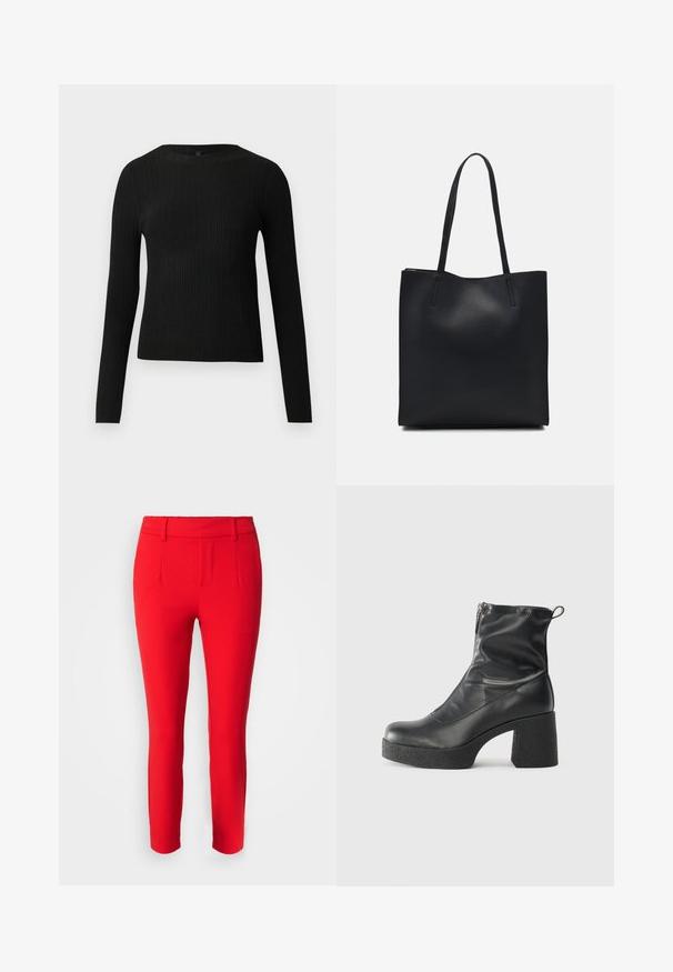 Mustat ribbitetut pitkähihaiset tiukat neuleet, joissa on pyöreä pääntie, esillä yksinkertaisella vaalealla taustalla.; Object SLIM NOOS - Housut - flame scarlet; Mustat nilkkurit, jotka on valmistettu sileästä nahasta. Niissä on sivuvetoketju, paksu teksturoitu korko ja pyöristetty kärki.; Mustapahkainen kangaskassi, jossa on sileä pinta, suorakaiteen muotoinen ja kaksi pitkää kahvaa. Ei näkyvää metalliosaa tai koristeita.