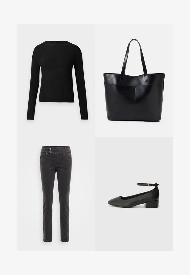 Crni rebrasti dugouhasti pripijeni pulover s okruglim izrezom, prikazan na jednostavnoj svijetloj pozadini.; Crne korduroy slim-fit hlače s glatkom teksturom, s pojasom na dva dugmeta i prednjim džepovima. Klasičan dizajn za svestranost.; Crne kožne pumpe s oštrim vrhom i niskom blok petom. Sadrže remen oko gležnja s zlatnim kopčanjem. Glatka tekstura.; Crna kožna torba s dugim ručkama, glatkom teksturom i strukturiranim oblikom. Ima prednju džep za dodatno pohranu.