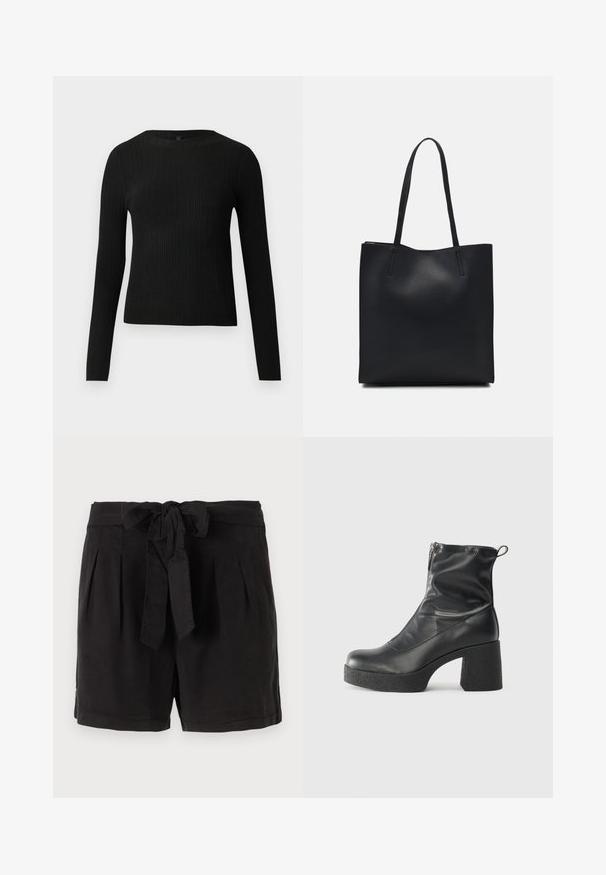 Čierny rebrovaný pulóver s dlhým rukávom, priliehajúci, s okrúhlym výstrihom, vystavený na jednoduchom svetlom pozadí.; Čierne bavlnené šortky s opaskom na viazanie v páse, s plisovaním vpredu a bočnými vreckami. Hladká textúra a ležérny dizajn.; Čierne členkové topánky z hladkej kože, so bočným zipsom, robustnou textúrovanou pätnou časťou a zaobleným dizajnom špičky.; Čierna kožená taška na rameno s hladkým povrchom, obdĺžnikovým tvarom a dvoma dlhými uchami. Bez viditeľného kovania alebo ozdôb.