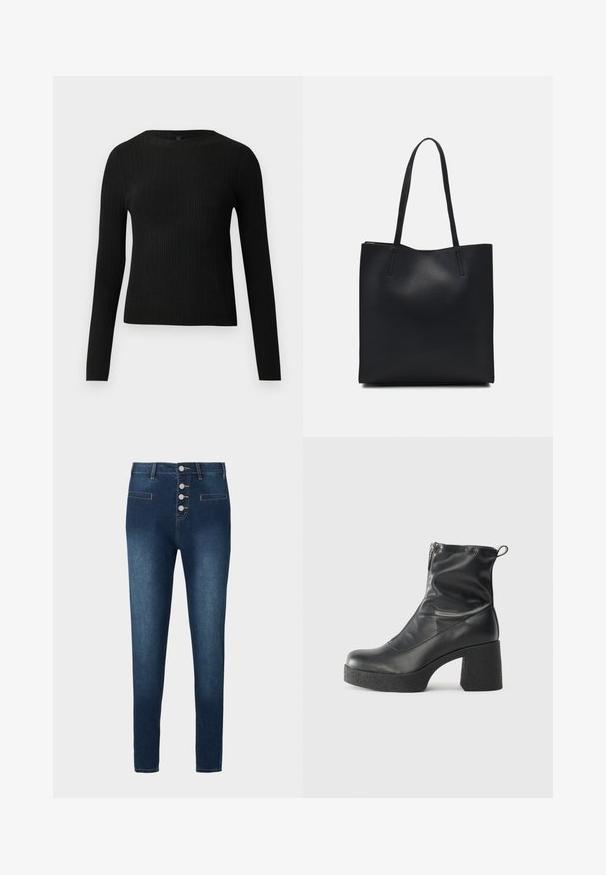 Suéter preto de mangas compridas com textura canelada, justo ao corpo, com um decote redondo, exibido contra um fundo claro e liso.; Jeans de denim azul escuro com um design de cintura alta, com fecho de cinco botões e dois bolsos frontais. Textura suave com detalhes de costura contrastantes.; Botas de tornozelo pretas feitas de couro liso, com fecho lateral, salto grosso texturizado e design de bico arredondado.; Bolsa tote preta em couro com textura lisa, forma retangular e duas alças longas. Sem hardware ou enfeites visíveis.