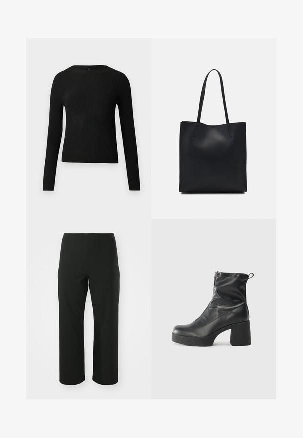 Black ribbed long-sleeve fitted sweater with a round neckline, displayed against a plain light background.; Vero Moda Curve VMCAUGUSTA PANT - Trousers - black; Black ankle boots made of smooth leather, featuring a side zipper, chunky textured heel, and rounded toe design.; Black leather tote bag with smooth texture, rectangular shape, and two long handles. No visible hardware or embellishments.; Gold-tone earrings set features two hoop styles and two stud designs. One stud has a brown fabric accent; the other has a leopard print texture.