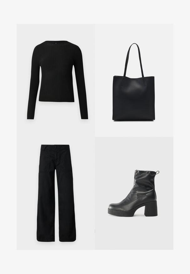 Melna, ribota, garām piedurknēm pieguļoša džemperis ar apaļu kakla izgriezumu, izlikta pret vienkāršu gaišu fonu.; Melni plati bikses ar gludu tekstūru, ar pogu aizdari un priekšējiem kabatām, kurām ir dekoratīvas šuves un acu detaļas.; Melni potītes zābaki, kas izgatavoti no gludas ādas, ar sānu rāvējslēdzēju, masīvu strukturētu papēdi un noapaļotu purngalu.; Melnas ādas somiņa ar gludu tekstūru, taisnstūra formu un divām garām rokturiem. Nav redzamu aparatūras vai rotājumu.