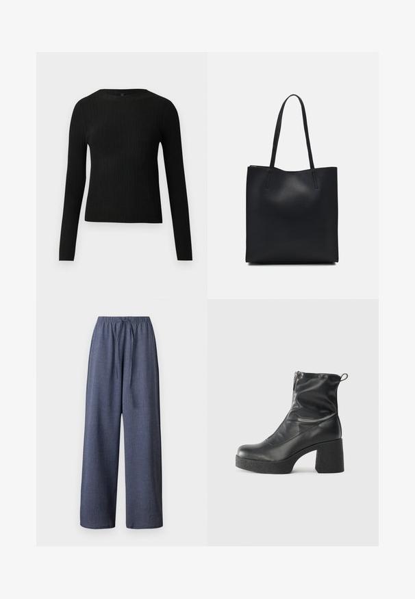 Black ribbed long-sleeve fitted sweater with a round neckline, displayed against a plain light background.; Wide-leg pants in navy blue, featuring a textured fabric, elastic waistband, and adjustable drawstring. No pockets visible.; Black ankle boots made of smooth leather, featuring a side zipper, chunky textured heel, and rounded toe design.; Black leather tote bag with smooth texture, rectangular shape, and two long handles. No visible hardware or embellishments.