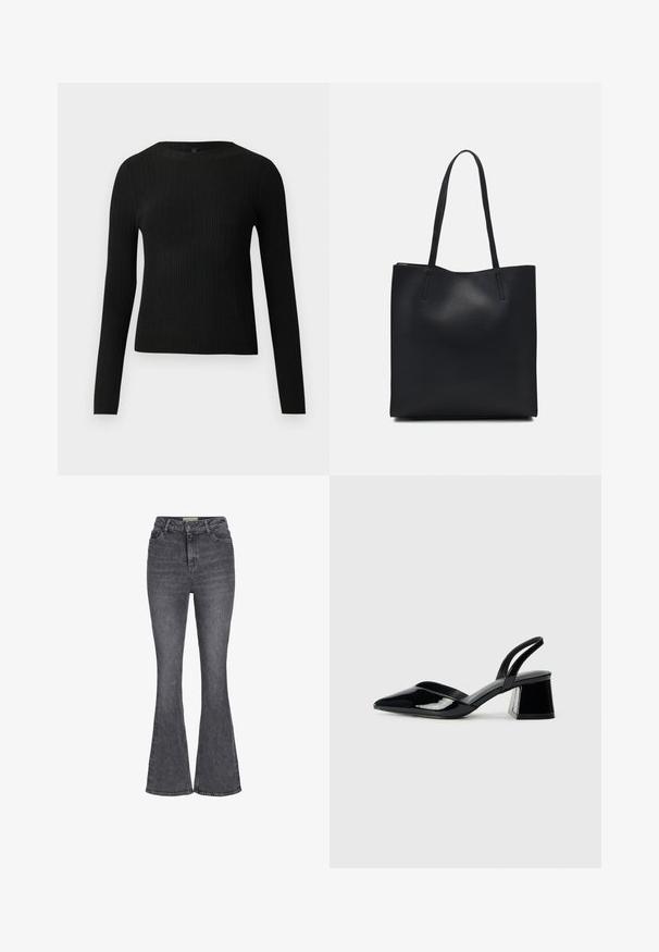Black ribbed long-sleeve fitted sweater with a round neckline, displayed against a plain light background.; High-waisted flared jeans in dark gray denim, featuring a classic five-pocket design, button closure, and slight fading detail.; Black patent leather slingback heels with a pointed toe and a geometric block heel. Features a sleek, minimal design and smooth texture.; Black leather tote bag with smooth texture, rectangular shape, and two long handles. No visible hardware or embellishments.
