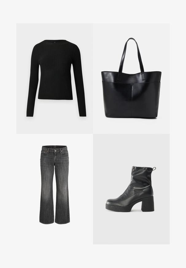 Black ribbed long-sleeve fitted sweater with a round neckline, displayed against a plain light background.; Black denim jeans with a wide-leg design, featuring a button and zipper closure, five pockets, and subtle fading on the fabric.; Black ankle boots made of smooth leather, featuring a side zipper, chunky textured heel, and rounded toe design.; Black leather tote bag with two long handles, a smooth texture, and a structured shape. Features a front pocket for additional storage.