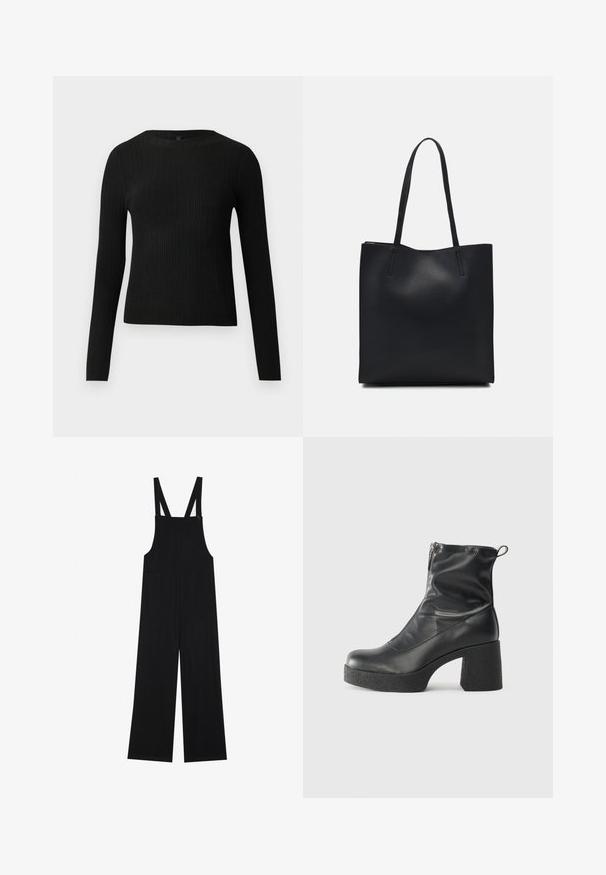 Mustat ribbitetut pitkähihaiset tiukat neuleet, joissa on pyöreä pääntie, esillä yksinkertaisella vaalealla taustalla.; Mustat haalarit pehmeästä kankaasta, joissa on leveät lahkeet, kaksi etutaskua ja säädettävät olkaimet napin kiinnityksellä.; Mustat nilkkurit, jotka on valmistettu sileästä nahasta. Niissä on sivuvetoketju, paksu teksturoitu korko ja pyöristetty kärki.; Mustapahkainen kangaskassi, jossa on sileä pinta, suorakaiteen muotoinen ja kaksi pitkää kahvaa. Ei näkyvää metalliosaa tai koristeita.