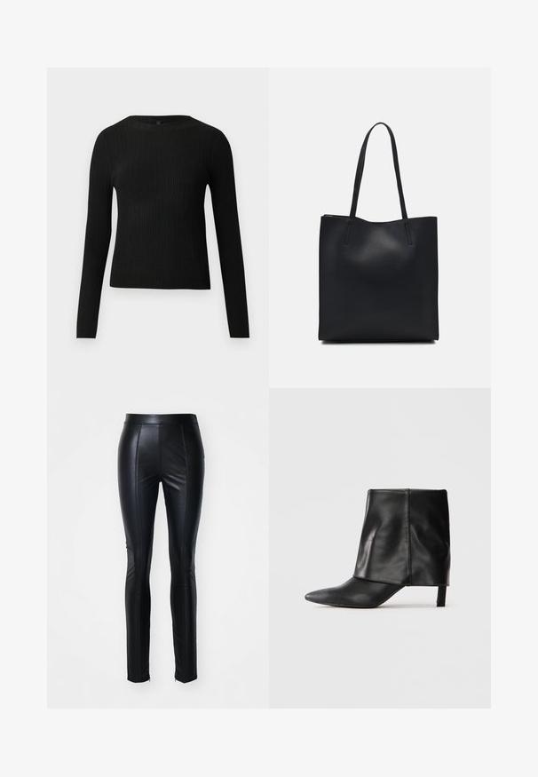 Suéter preto de mangas compridas com textura canelada, justo ao corpo, com um decote redondo, exibido contra um fundo claro e liso.; Calças de pele sintética pretas com um design ajustado, apresentando detalhes de costura na parte da frente e fechos éclair nos remates dos tornozelos para um estilo adicional.; Bota de couro preta até o meio da panturrilha com bico fino, parte superior dobrada e salto baixo e esguio, em fundo branco.; Bolsa tote preta em couro com textura lisa, forma retangular e duas alças longas. Sem hardware ou enfeites visíveis.