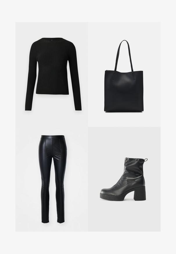 Mustmustriibuline must pikavarsiline sobiv sviiter ümmarguse kaelusega, esitatud helehallil taustal.; Mustmust muströöpidega mustad faux nahast püksid, millel on sobiv disain, koos õmblusdetailidega ees ja lukud pahkluudel lisastiili jaoks.; Mustad mustad ansapüksid, mis on valmistatud siledast nahast, külje zipperiga, paksu tekstuuriga kontsaga ja ümmarguse nina disainiga.; Mustast nahast kott sujuva tekstuuriga, ristkülikukujuline ja kahe pika sangaga. Pole nähtavat riistvara ega kaunistusi.