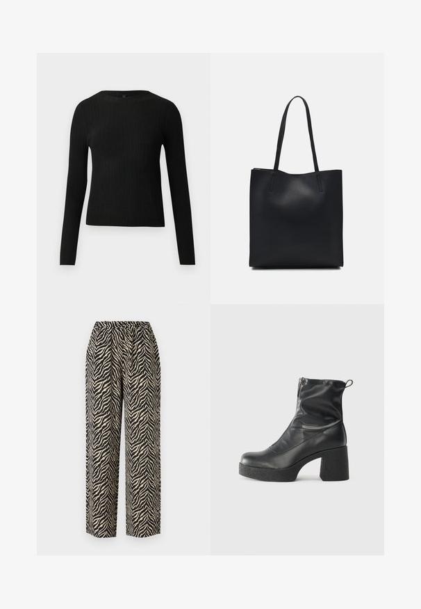 Suéter preto de mangas compridas com textura canelada, justo ao corpo, com um decote redondo, exibido contra um fundo claro e liso.; Calças largas feitas de tecido leve, com um padrão de riscas de zebra em preto e bege e um acabamento texturizado. Cintura elástica.; Botas de tornozelo pretas feitas de couro liso, com fecho lateral, salto grosso texturizado e design de bico arredondado.; Bolsa tote preta em couro com textura lisa, forma retangular e duas alças longas. Sem hardware ou enfeites visíveis.