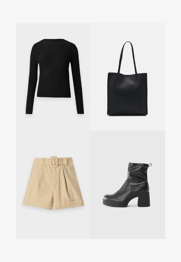 Černý žebrovaný dlouhý rukáv těsně padnoucí svetr s kulatým výstřihem, vystavený na jednoduchém světlém pozadí.; Beige šortky s texturovaným tkaným pásem se čtvercovou sponou. Šortky mají sklady a hladký povrch látky.; Černé kotníkové boty vyrobené z hladké kůže, s bočním zipem, robustním strukturovaným podpatkem a kulatou špičkou.; Černá kožená taška přes rameno s hladkým povrchem, obdélníkovým tvarem a dvěma dlouhými uchy. Žádné viditelné kování ani ozdoby.