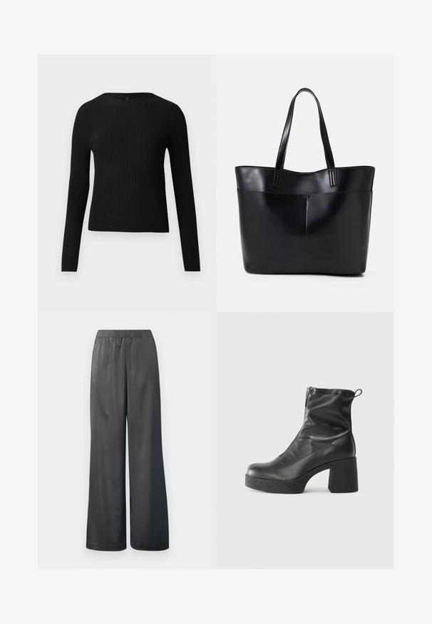 Black ribbed long-sleeve fitted sweater with a round neckline, displayed against a plain light background.; Black wide-leg pants with an elastic waistband; smooth, shiny texture; full-length design; no visible patterns or hardware accents.; Black ankle boots made of smooth leather, featuring a side zipper, chunky textured heel, and rounded toe design.; Black leather tote bag with two long handles, a smooth texture, and a structured shape. Features a front pocket for additional storage.