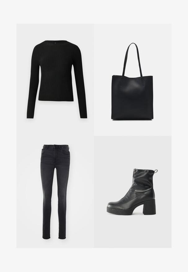 Melna, ribota, garām piedurknēm pieguļoša džemperis ar apaļu kakla izgriezumu, izlikta pret vienkāršu gaišu fonu.; Šaura piegriezuma melni džinsi, izgatavoti no denima, ar augstu vidukli, piecu kabatu dizainu, vieglu izbalēšanu un taisnu siluetu.; Melni potītes zābaki, kas izgatavoti no gludas ādas, ar sānu rāvējslēdzēju, masīvu strukturētu papēdi un noapaļotu purngalu.; Melnas ādas somiņa ar gludu tekstūru, taisnstūra formu un divām garām rokturiem. Nav redzamu aparatūras vai rotājumu.