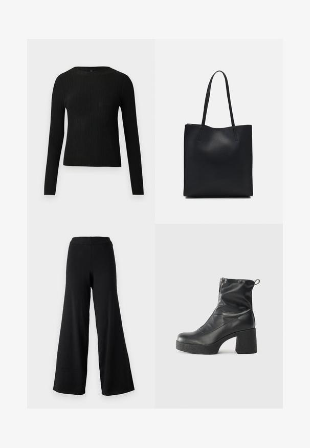 Pulover negru cu mâncă lungă, cu textură ribbed, cu decolteu rotund, expus pe un fundal deschis și simplu.; Pantaloni negri cu picioare largi, cu o textură moale, având un brâu elastic înalt și un design drept, fluid, ideal pentru confort și mișcare.; Bocanci negri de glezna din piele netedă, cu fermoar lateral, toc texturat și masiv, și design cu vârf rotund.; Geantă tote neagră din piele, cu textură netedă, formă rectangulară și două mânere lungi. Fără hardware vizibil sau ornamente.