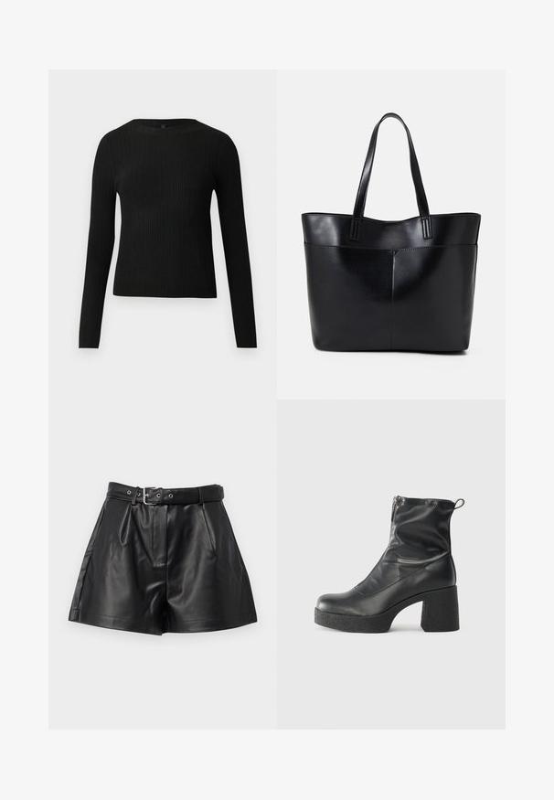 Svart ribbestrikket langermet tettsittende genser med rund hals, vist mot en ensfarget lys bakgrunn.; Vero Moda VMCAIAELLY - Shorts - black; Svarte ankelstøvler laget av glatt lær, med glidelås på siden, chunky strukturert hæl, og rund tå-design.; Svart lær toteveske med to lange håndtak, en glatt tekstur og en strukturert form. Har en frontlomme for ekstra oppbevaring.