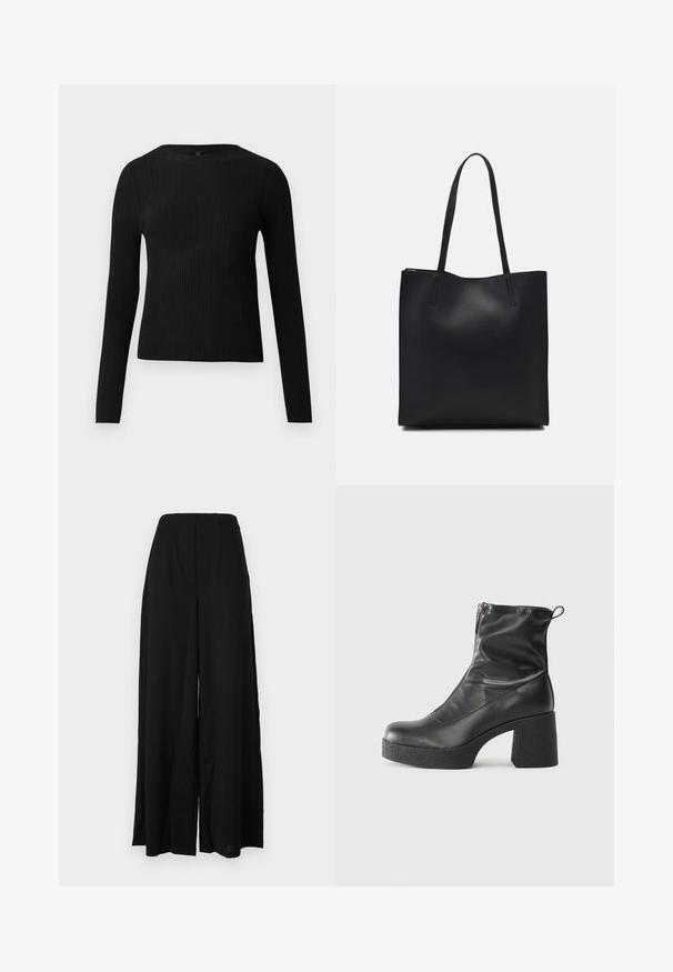 Suéter preto de mangas compridas com textura canelada, justo ao corpo, com um decote redondo, exibido contra um fundo claro e liso.; Calças largas pretas feitas de um tecido texturizado, com uma cintura alta e pregas, além de bordas bem acabadas para uma silhueta elegante.; Botas de tornozelo pretas feitas de couro liso, com fecho lateral, salto grosso texturizado e design de bico arredondado.; Bolsa tote preta em couro com textura lisa, forma retangular e duas alças longas. Sem hardware ou enfeites visíveis.