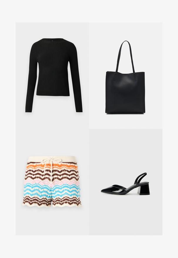 Maglione fitted a maniche lunghe nero a costine con scollo rotondo, esposto su uno sfondo chiaro e semplice.; Pantaloni corti a maglia con motivo a onde in tonalità di arancione, marrone, rosa e blu, con una cintura crema e coulisse. Orlo ondulato.; Décolleté in vernice nera con punta affusolata e tacco in geometria cubica. Presentano un design elegante e minimalista, con una texture liscia.; Borsa tote in pelle nera con texture liscia, forma rettangolare e due manici lunghi. Nessun hardware o decorazione visibile.