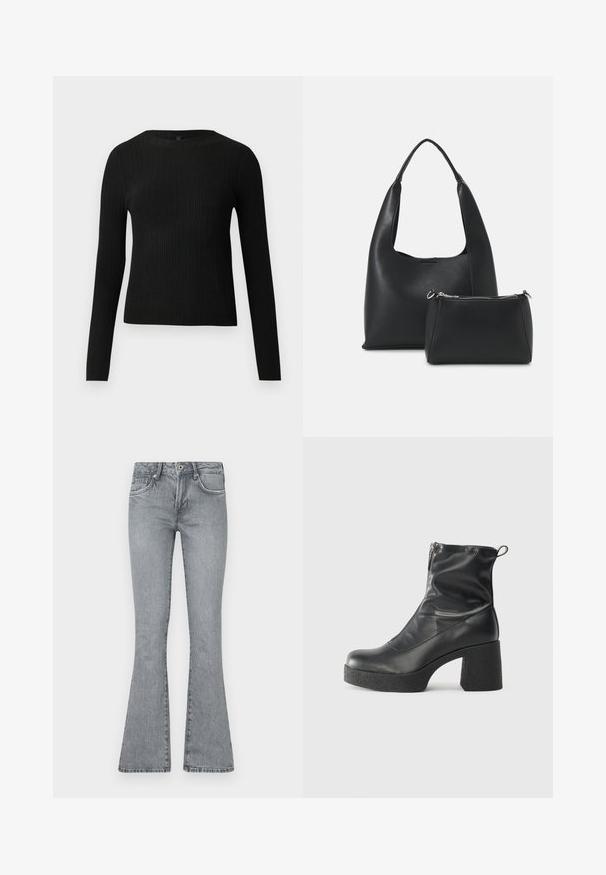 Melna, ribota, garām piedurknēm pieguļoša džemperis ar apaļu kakla izgriezumu, izlikta pret vienkāršu gaišu fonu.; Gaiši pelēki plati džinsi izdenimu. Iezīmē augstu jostasvietu, piecu kabatu dizainu un izbalējušu mazgāšanu ar diegu akcentiem gar šuvēm.; Melni potītes zābaki, kas izgatavoti no gludas ādas, ar sānu rāvējslēdzēju, masīvu strukturētu papēdi un noapaļotu purngalu.; Even&Odd Rokassoma - black