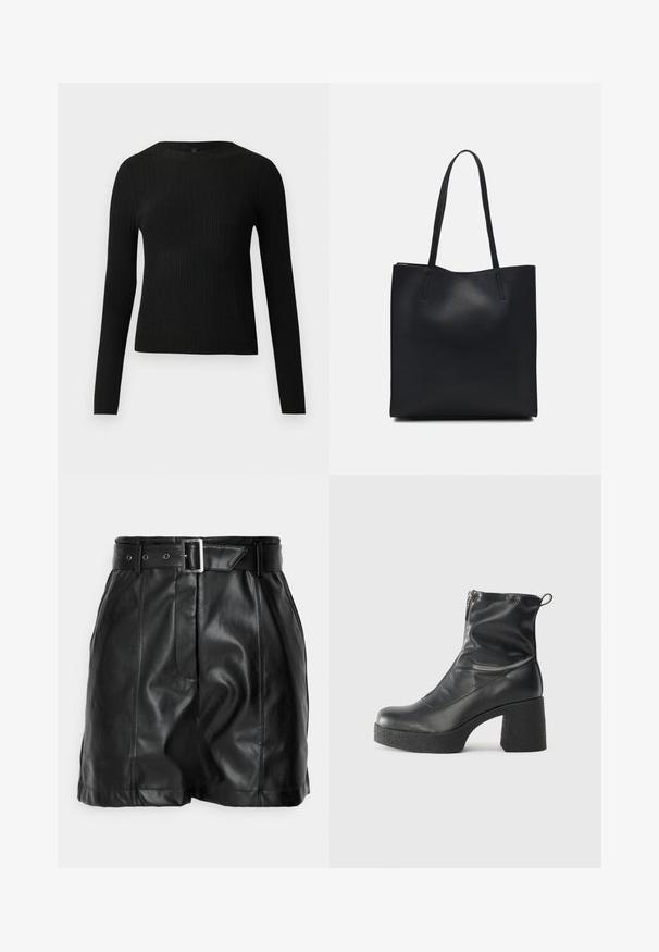 Fekete bordázott, hosszú ujjas, testhez simuló pulóver kerek nyakkivágással, világos, egyszínű háttér előtt kiemelve.; Fekete bőrnadrág sima textúrával, magas derékkal és széles övvel, amely téglalap alakú ezüst csattal rendelkezik. Plissé dizájn elöl.; Fekete bokacsizmák sima bőrből, oldalsó cipzárral, vastag, texturált sarkú és lekerekített orrú dizájnnal.; Fekete bőrtáska sima felszínnel, téglalap alakú, két hosszú füllel. Nincs látható fémkiegészítő vagy díszítés.