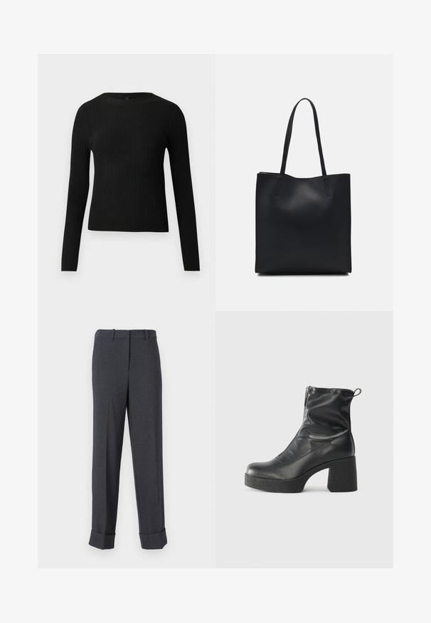 Fekete bordázott, hosszú ujjas, testhez simuló pulóver kerek nyakkivágással, világos, egyszínű háttér előtt kiemelve.; Szürke, texturált anyagból készült, szabott nadrág, egyenes lábbal, övpántokkal és megkötött szegésekkel, ami struktúrált megjelenést kölcsönöz.; Fekete bokacsizmák sima bőrből, oldalsó cipzárral, vastag, texturált sarkú és lekerekített orrú dizájnnal.; Fekete bőrtáska sima felszínnel, téglalap alakú, két hosszú füllel. Nincs látható fémkiegészítő vagy díszítés.
