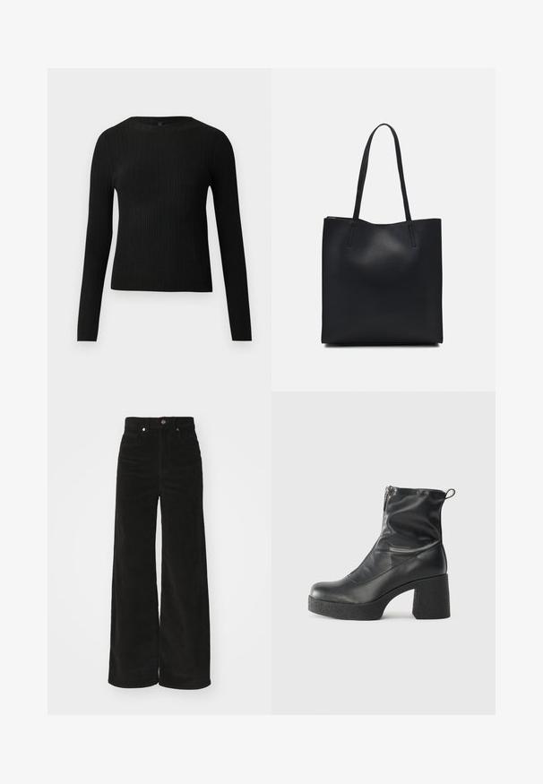 Black ribbed long-sleeve fitted sweater with a round neckline, displayed against a plain light background.; Black corduroy wide-leg pants with a high waist, featuring two front pockets and a metal button closure. Textured fabric with vertical ridges.; Black ankle boots made of smooth leather, featuring a side zipper, chunky textured heel, and rounded toe design.; Black leather tote bag with smooth texture, rectangular shape, and two long handles. No visible hardware or embellishments.