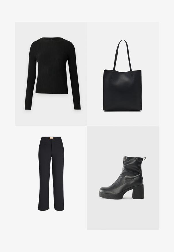 Juoda dryžuota ilga rankovė prigludusi megztinis su apvalia iškirpte, pateiktas prieš paprastą šviesią fono.; Juodos tiesios kojų kelnės su aukštu juosmeniu, lygiu priekiu ir dviem horizontaliomis priekinėmis kišenėmis, pažymėtomis JXJX ant juosmens.; Juodos kulkšninių botai, pagaminti iš lygaus odos, su šoniniu užtrauktuku, masyviu tekstūruotu kulnu ir apvaliu pirštu.; Juodas odinis tote krepšys su lygia tekstūra, stačiakampio formos ir dviem ilgais rankenomis. Matomų metalinių detalių ar puošybos nėra.