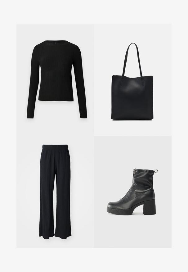 Črna rebrasta dolgosleeve prilegnjena pulover s krožnim ovratnikom, prikazan na enostavni svetli podlagi.; Črne, široke hlače iz teksturiranega materiala z elastičnim pasom. Imajo sproščen kroj in mehak, tekoč dizajn.; Črne gležnjarje iz gladke kože z božnim zadrgo, masivnim teksturiranim peto in zaobljeno obliko prstov.; Črna usnjena torba s svilnato teksturo, pravokotne oblike in dvema dolgima ročajema. Brez vidnih metalnih delov ali okrasnih elementov.